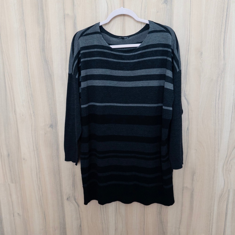 Eileen Fisher Womens Merino Wool Sweater L Black Gray Striped Tunic Classic Luxe